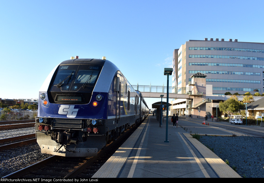 Amtrak Capitol Corridor Train # 542, heading from San Jose to Sacramento, gets ready to leave the depot with SC-44 # 2102 on the rear.